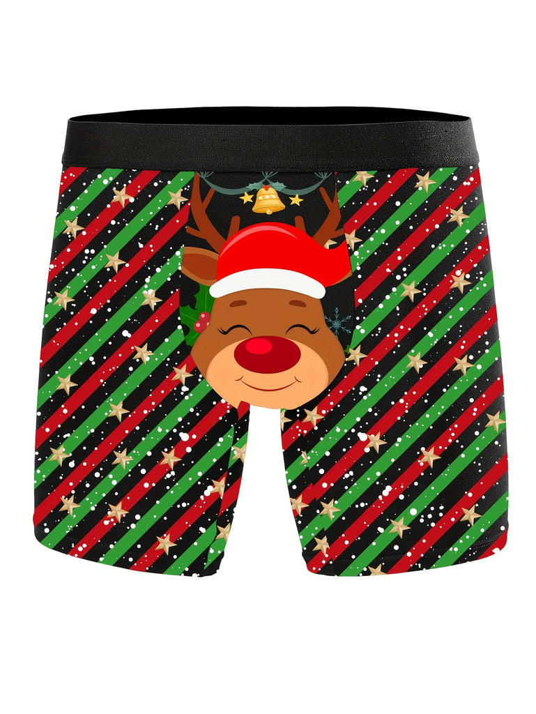 3pcs Men'S Christmas Boxer Briefs, Festive Santa & Reindeer Print, Polyester & Elastane Blend, High Stretch, Knit Fabric, Casual Shortie Underwear with Cartoon Patterns