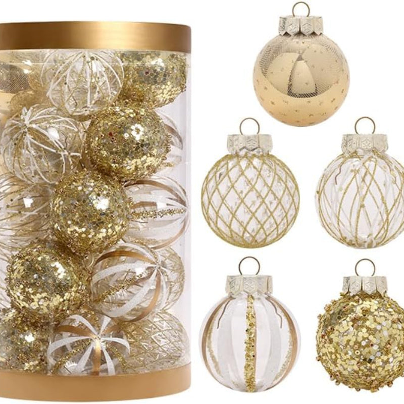 TROPOW 25-Pack Christmas Tree Ornaments - 2.4" Shatterproof Clear Balls, Champagne Golden & White, Freestanding, No Electricity Needed, Featherless, Ideal for Holiday & Wedding Decorations