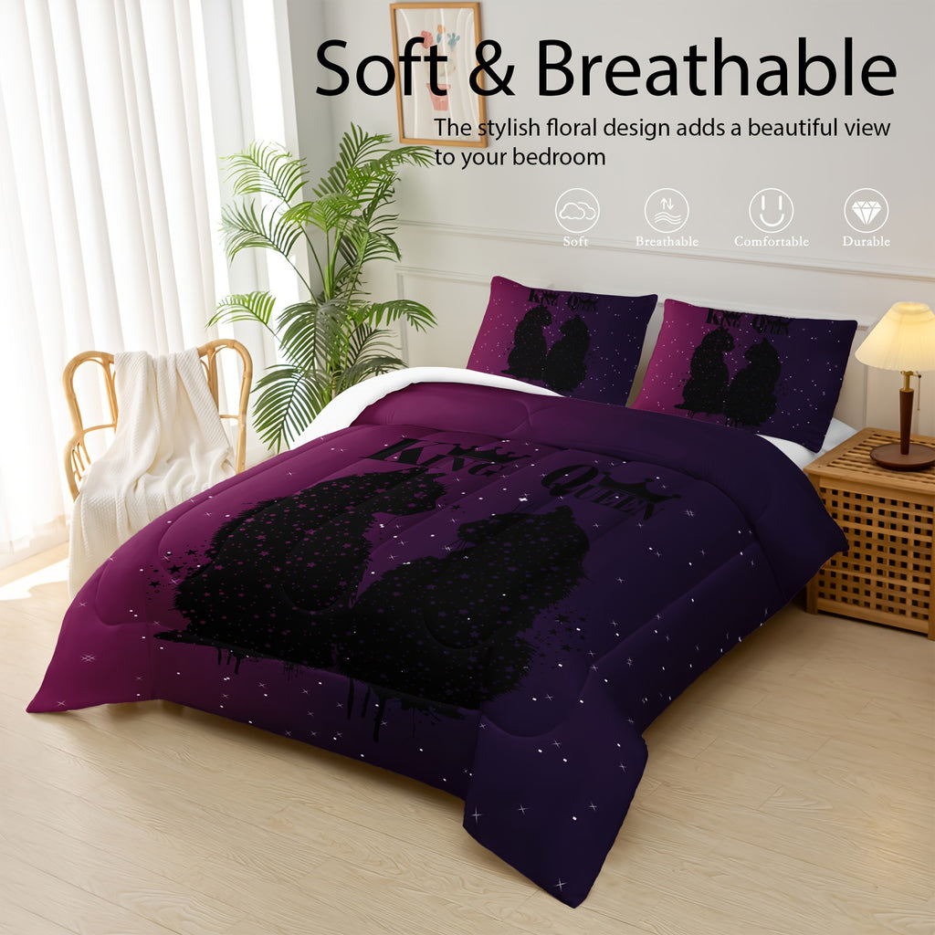 3pcs King and Queen Black Cat Galaxy Comforter Set, Purple - Soft, Breathable, Allergen-Free Polyester Bedding with Digital Print, Modern Fashion Home Dorm Decor, Includes 1 Comforter and 2 Pillow Cases