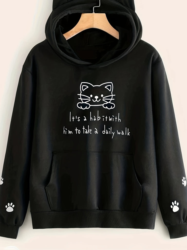 Cute Cat & Letter Print Hoodie, Casual Long Sleeve Kangaroo Pocket Hoodies Sweatshirt, Women's Clothing