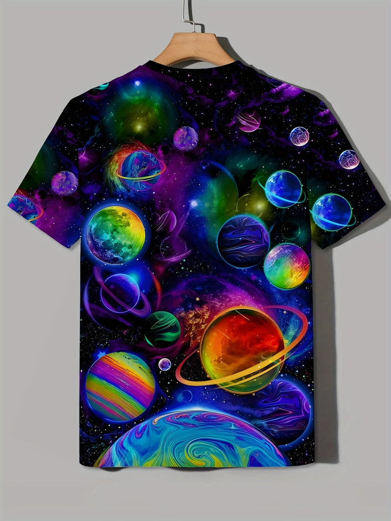 Men's Colorful Cosmic Planet Pattern Printed T-shirt - Lightweight Short sleeved Round Neck, Perfect for Outdoor Adventures and Daily Style