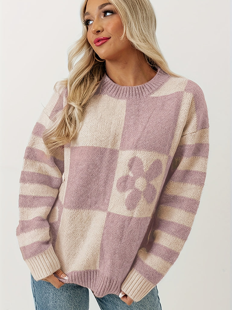 Check & Flower Pattern Crew Neck Sweater, Casual Long Sleeve Drop Shoulder Sweater For Fall & Winter, Women's Clothing