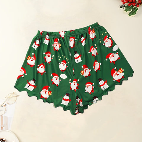 1 Set Festive Christmas Print Santa Claus Women'S Sleepwear Shorts, Sexy Wavy Hem Lounge Pants, Polyester Knit Fabric, Adult Pajama Set for All Seasons