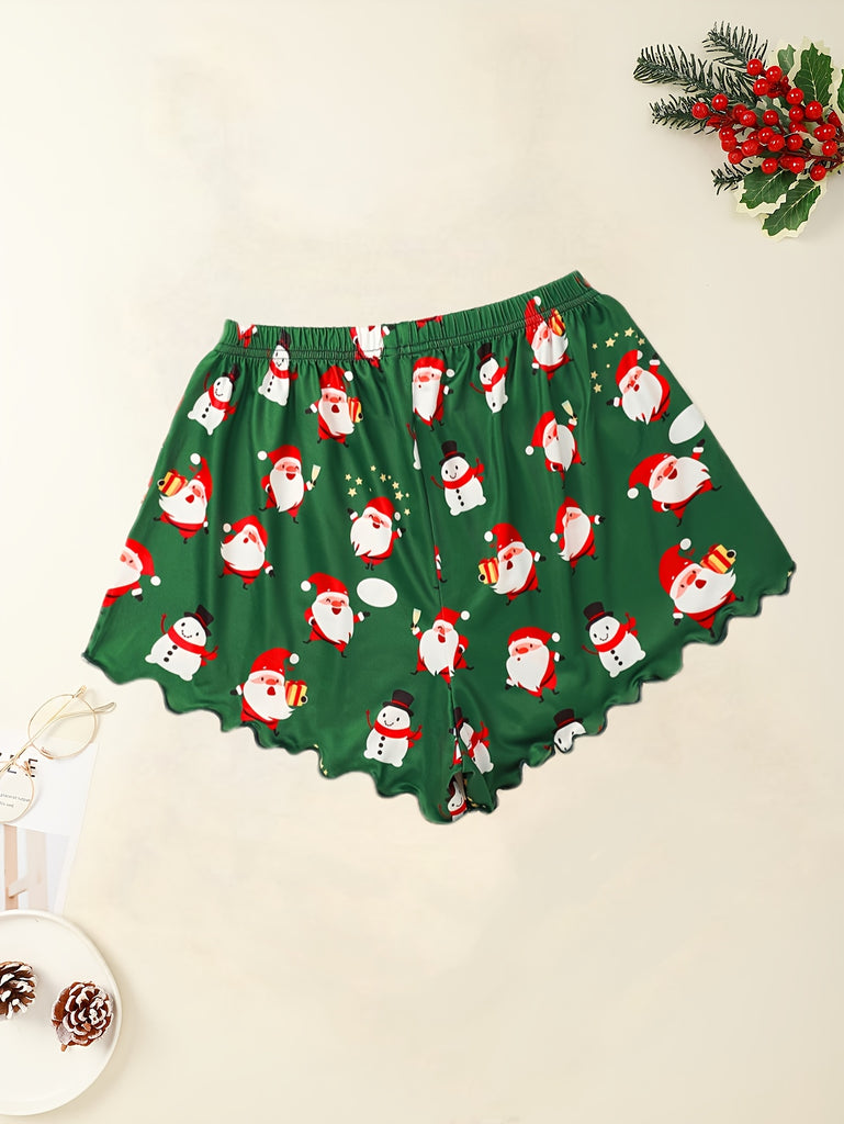 1 Set Festive Christmas Print Santa Claus Women'S Sleepwear Shorts, Sexy Wavy Hem Lounge Pants, Polyester Knit Fabric, Adult Pajama Set for All Seasons