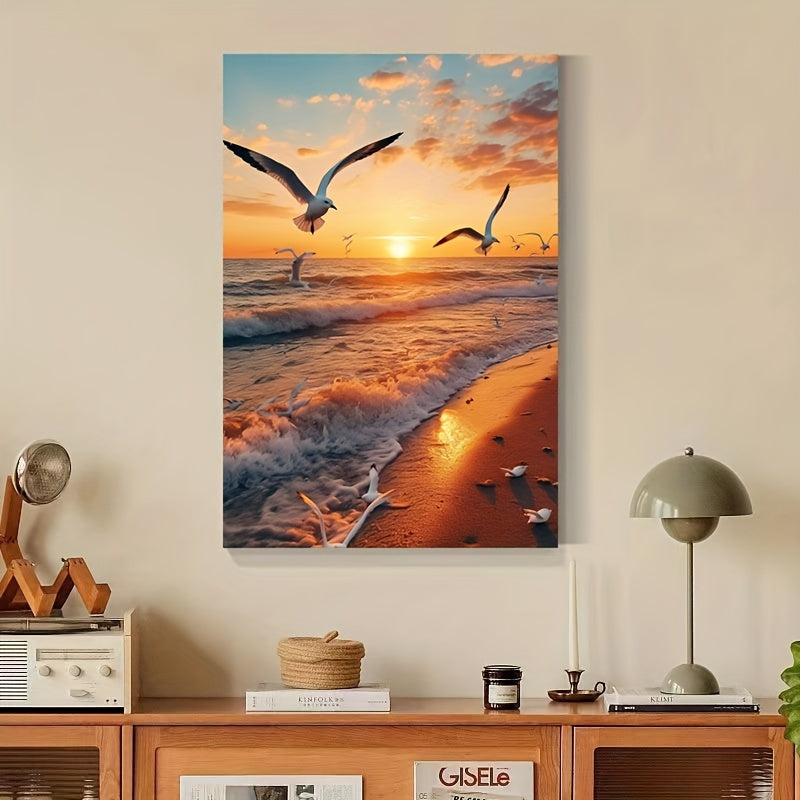 Seagull and Sunrise Beach Scene Canvas Wall Art, Landscape Themed Wrapped Canvas Print with Pine Wood Frame, Easy Install Home Decor for Bedroom & Living Room - Perfect Gift for Art Enthusiasts