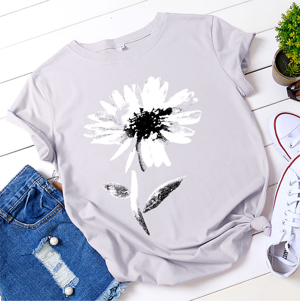 Women's Floral Printed Cotton Short-sleeved T-shirt Top