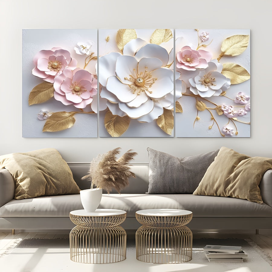 Abstract Wall Art 3D Flower Home Canvas Painting Contemporary Simple Abstract Artwork for Bedroom Bathroom Living Room Wall Decor (3 Pieces Framed)