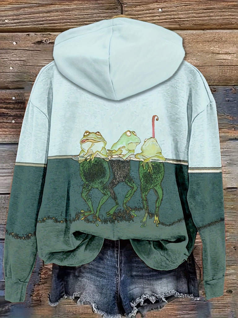 Fun And Cute Frog Print Hoodie, Casual Long Sleeve Hooded Sweatshirt, Women's Clothing