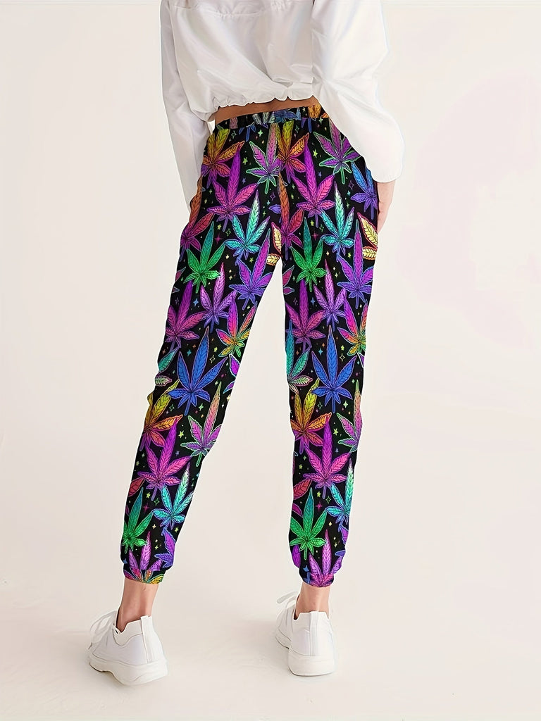Leaf Print Jogger Pants, Casual Elastic Waist Pants For Spring & Summer - Women's Clothing - Soft & Breathable Fabric - Perfect for Loungewear & Outdoor Activities - Ideal Gift for Fashionable Women