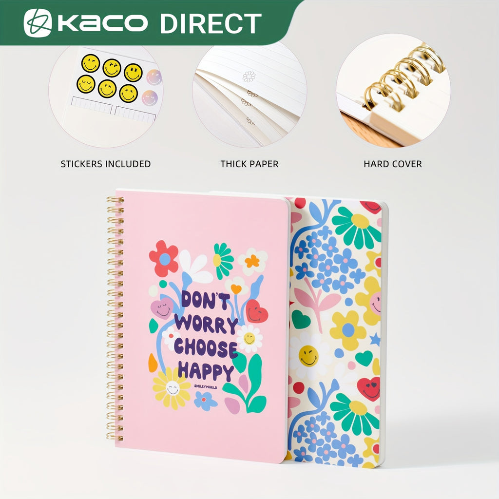 Kaco Pack 2 Cute Mini Spiral Notebooks, Set Of 2 For Women, 8.2'' X 5.9'' Hardcover Journal 120 X 2 Lined Pages With Pocket And Sticker (Floral)