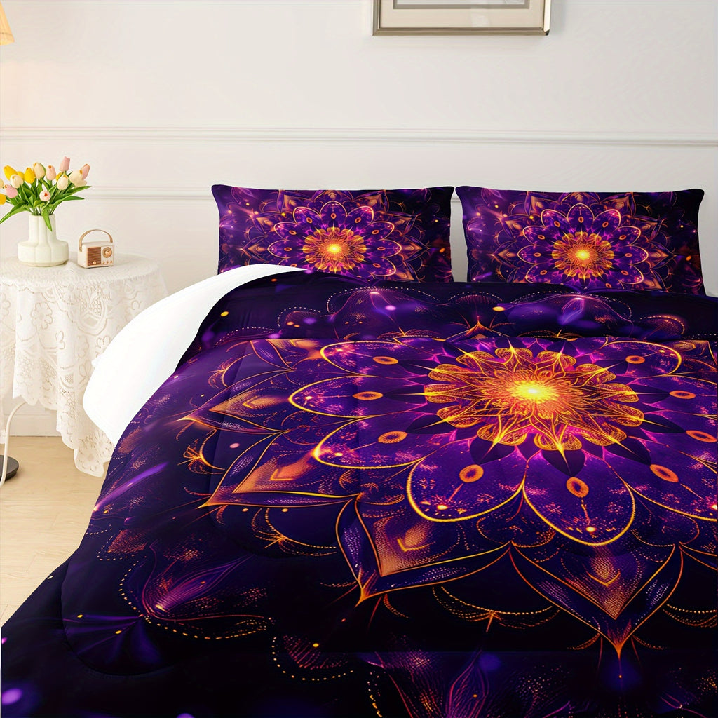 3-pcs Bohemian Purple Wreath Style Duvet Set, Artistic Tie Dye Printed Bedding Design, Creatively Designed Adult Duvet Set (1*Comforter + 2*Pillowcase, Without Core)