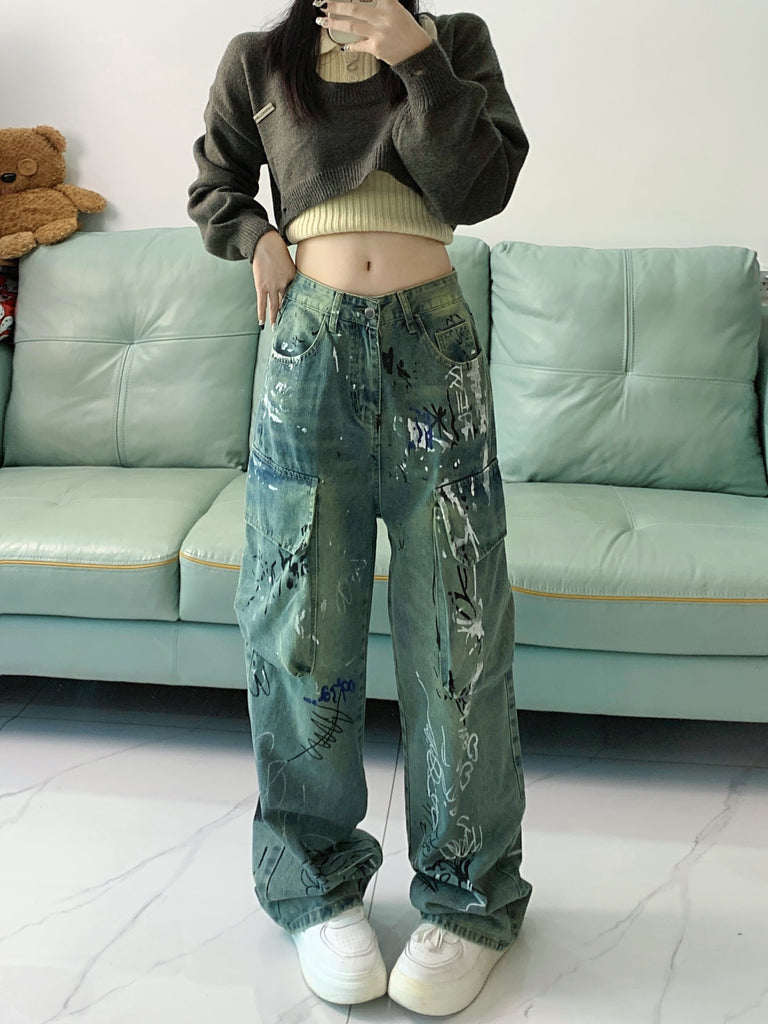 Women's Casual Geometric Graffiti Pattern Wide-Leg Denim Jeans, Cotton Blend, Slight Stretch, All-Season Washed Vintage Streetwear, Straight Fit Button Fly Long Pants