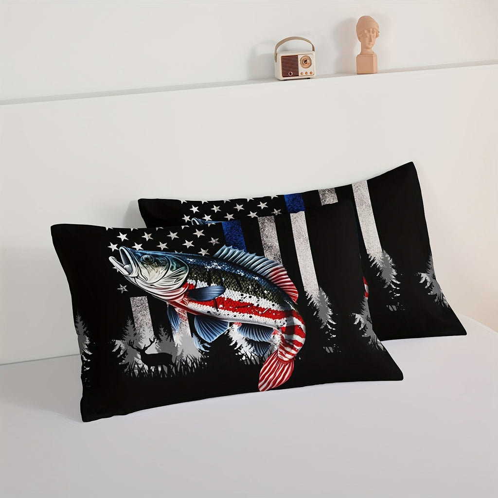 3Pcs Modern Fashion Polyester Comforter Set (1 * Comforter + 2 * Pillowcases, Not Including Pillow Core), American Flag Striped Bass Print Bedding Set, Soft And Comfortable Skin-friendly Comforter For Bedroom, Guest Room.