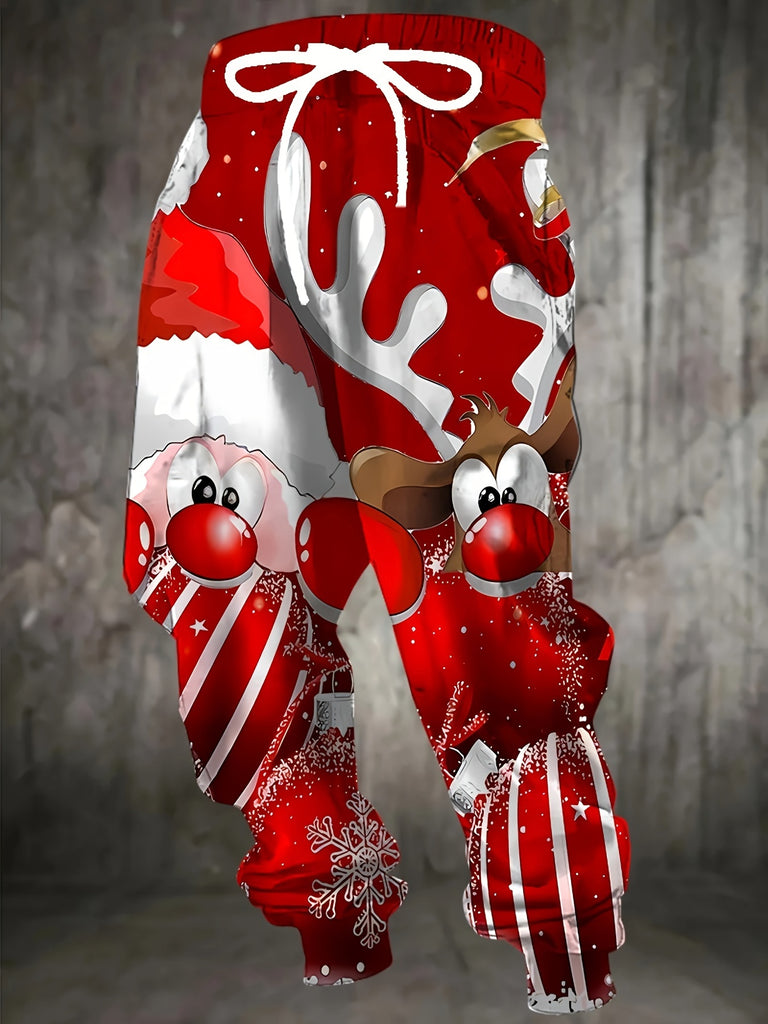 Men'S 3D Christmas Santa and Reindeer Print Sweatpants with Drawstring and Pockets, Casual Style, Polyester Knit Fabric, Regular Fit