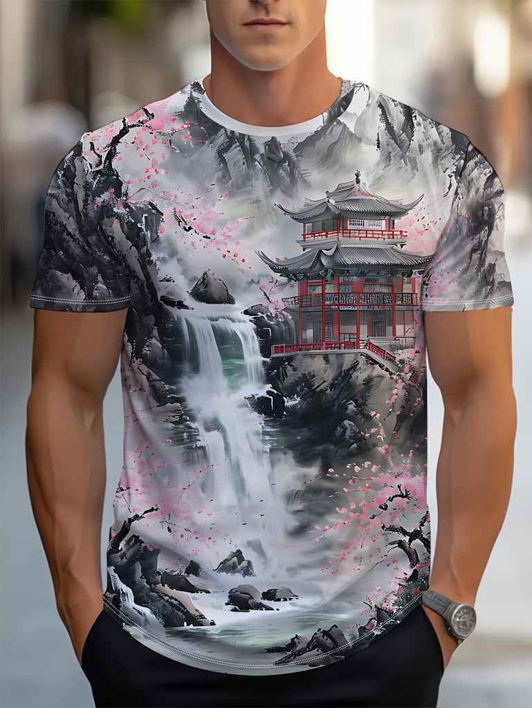 Men's Round Neck Short Sleeve Casual Sports T-shirt with Landscape Pavilion Print