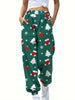 Cozy Women's Christmas Print Loose Jogger Pants with Elastic Waist, Slant Pocket, and Casual Style