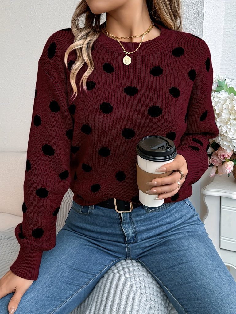 Women's Autumn Winter Knit Long Sleeve Crew Neck Sweater With Dot Pattern, Soft Acrylic Fabric, Elegant Casual Wear