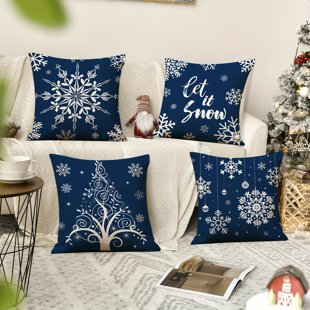 Festive 4 Pack of Blue Christmas Tree Pillow Covers - 18x18in (45x45cm) - Linen Blend - Hidden Zipper - Suitable for Various Room Types