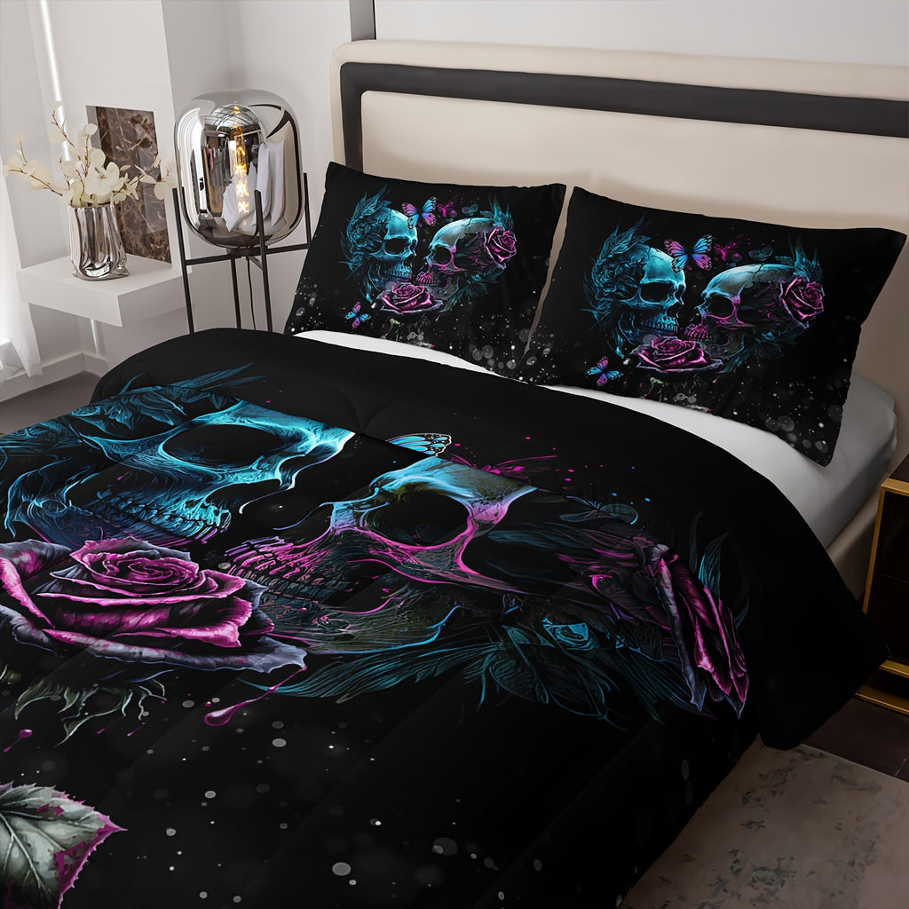 3pcs Skull Bedding Set, Goth Bedding Sets With Comforter, Skull Comforter Set, Rose Comforter Halloween Skull Bed Comforter, Blue Comforter Black Bedding Skull Quilt (1*Comforter + 2*Pillowcase, Without Core)