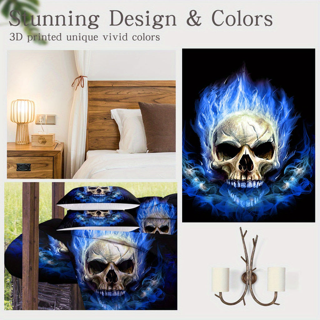 4pcs Blue Flame Skull Comforter Set, Halloween Theme Quilted Bedding, Stain Resistant Lightweight Fluffy Duvet Cover with 2 Pillow Shams, Machine Washable, Polyester, with Digital Print for All Seasons