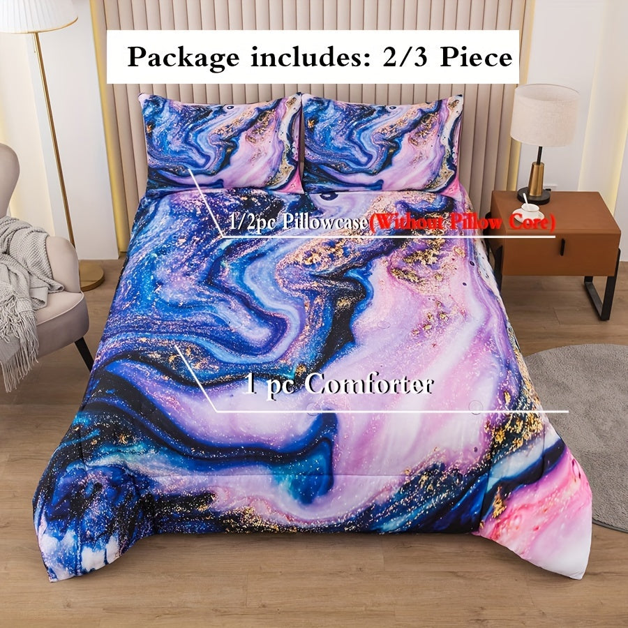 2/3Pcs Girls Comforter Queen, Purple Comforter Set, Tie Dye Comforter Sets, Purple Bedding Set Queen, Girls Tie Dye Bedding Set With Pillow Cover, Marbling Comforter Set