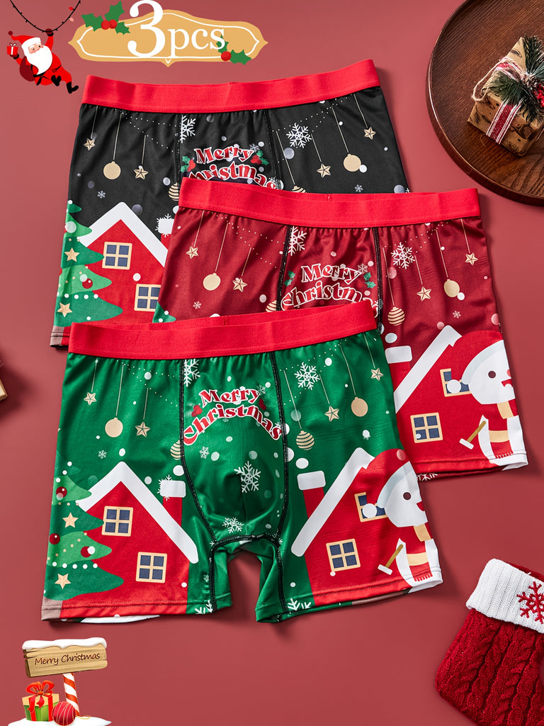 3pcs Men'S Christmas Themed Boxer Briefs, Knit Polyester Blend with Elastane, Medium Stretch, Comfortable Fit with Snowflake & Snowman Applique