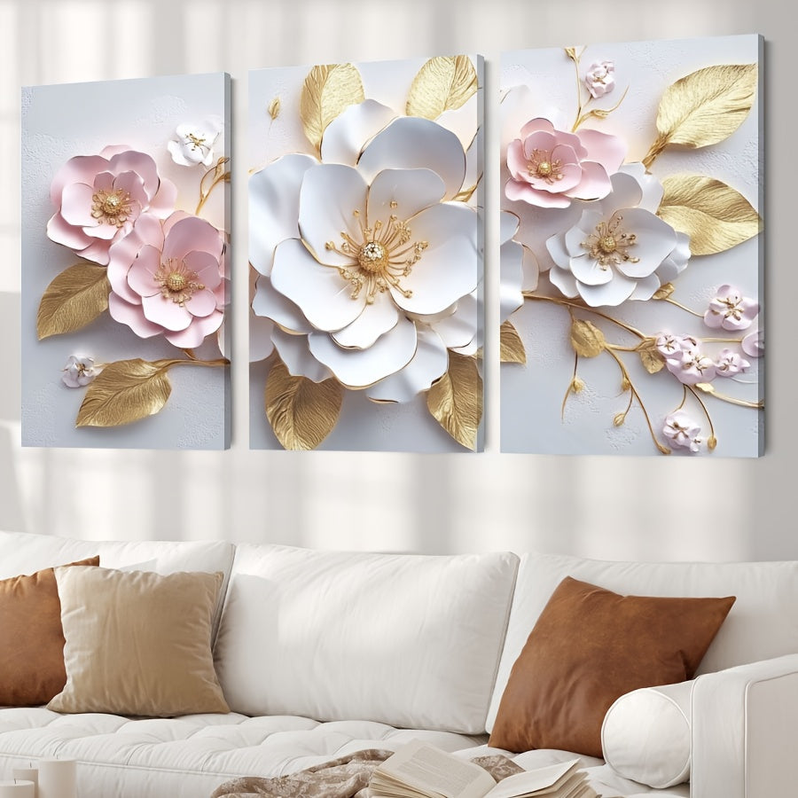 Abstract Wall Art 3D Flower Home Canvas Painting Contemporary Simple Abstract Artwork for Bedroom Bathroom Living Room Wall Decor (3 Pieces Framed)