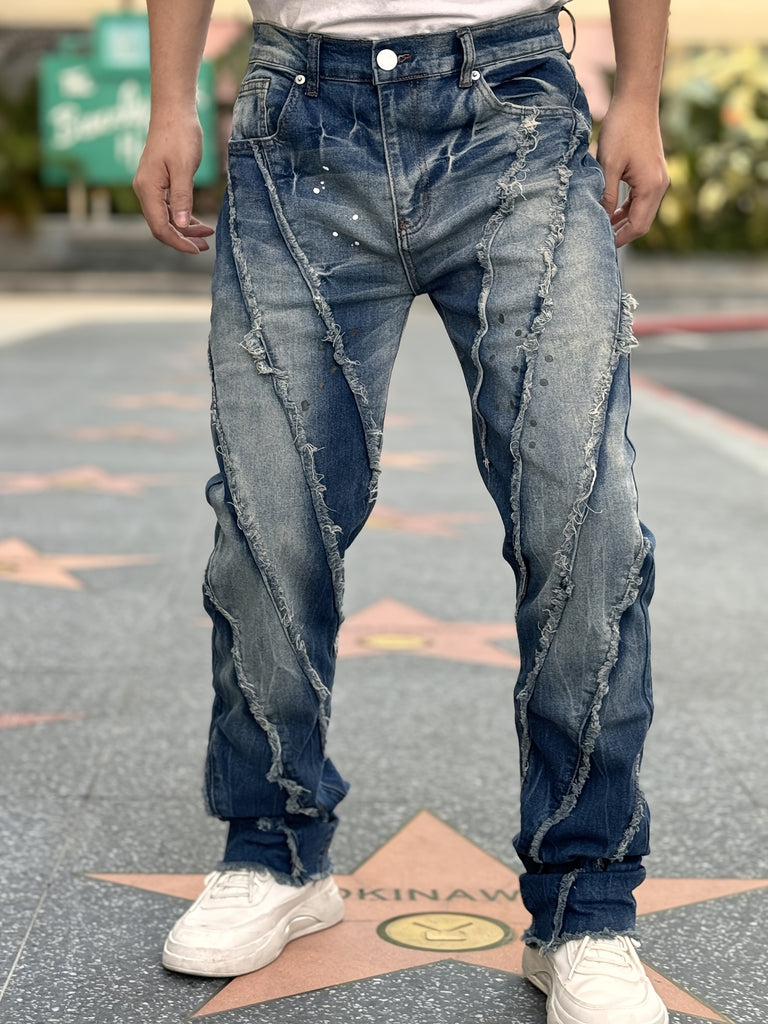 American Men'S Denim Stretch Pants, Patchwork Beard Fringe Design, Fashion Wash Water Fashion Street Style, Printing Paint Dump Point, Suitable For All The Trend Street Rock Fans, Suitable For All Seasons