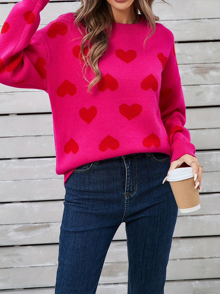 Women's Autumn Winter Knit Sweater Long Sleeve Crewneck Heart Print Loose Knitwear