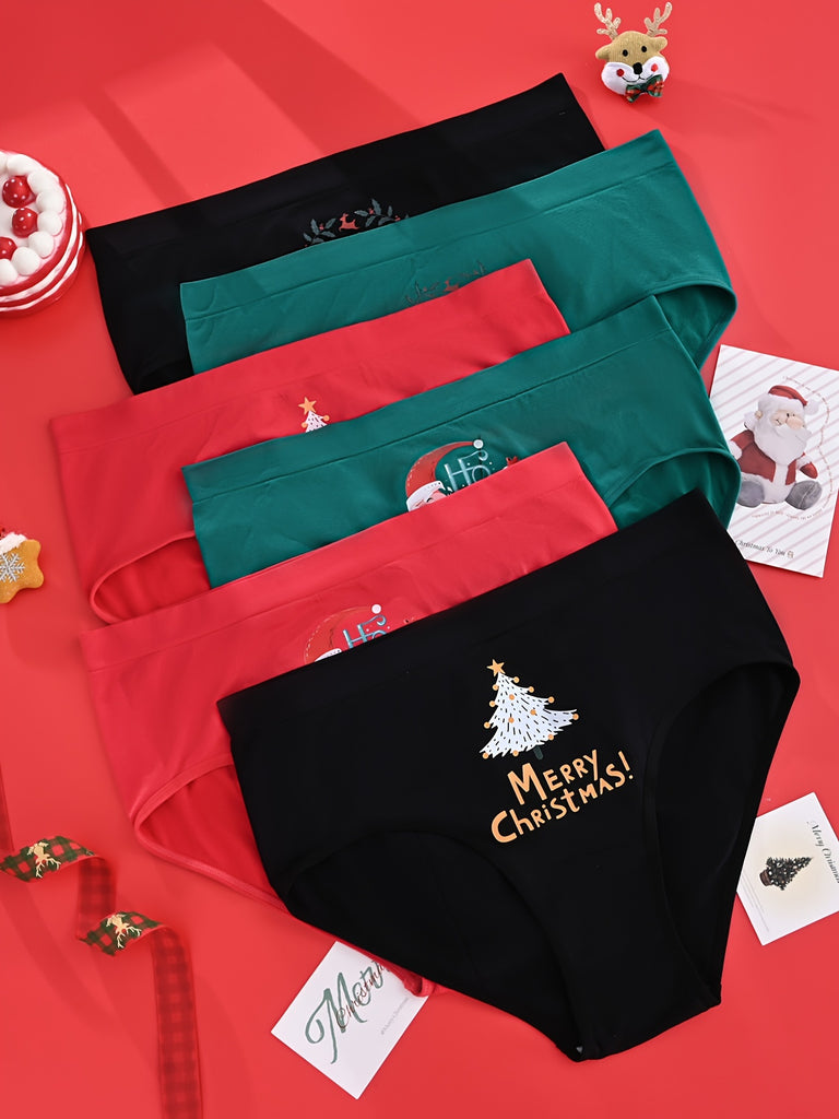 6pcs Plus Size Women's Panties - Seamless, Comfortable & Breathable with Cute Santa Claus & Christmas Tree Designs