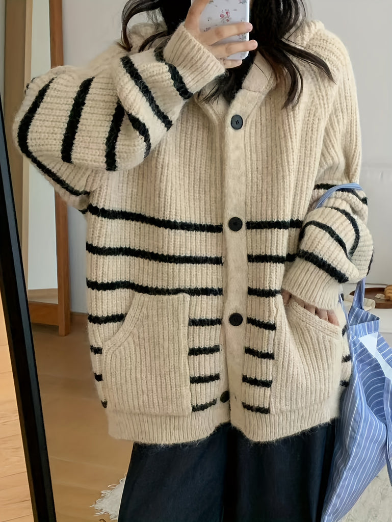 Women's Autumn/Winter Knit Cardigan With Hood, Polyester Blend, High Stretch, Random Print, Korean Style