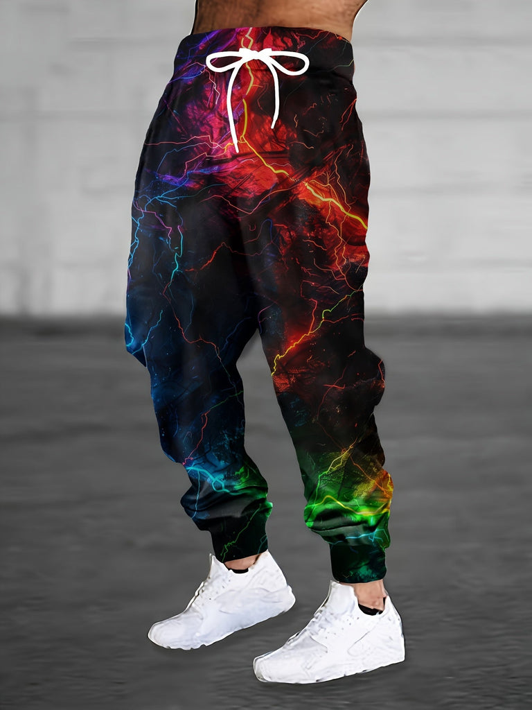 Men's Casual Joggers with Lightning Print - Comfy Polyester, Drawstring Waist, Pockets - For Autumn & Spring Wear - Suitable for Men - Perfect for Casual Outings & Loungewear
