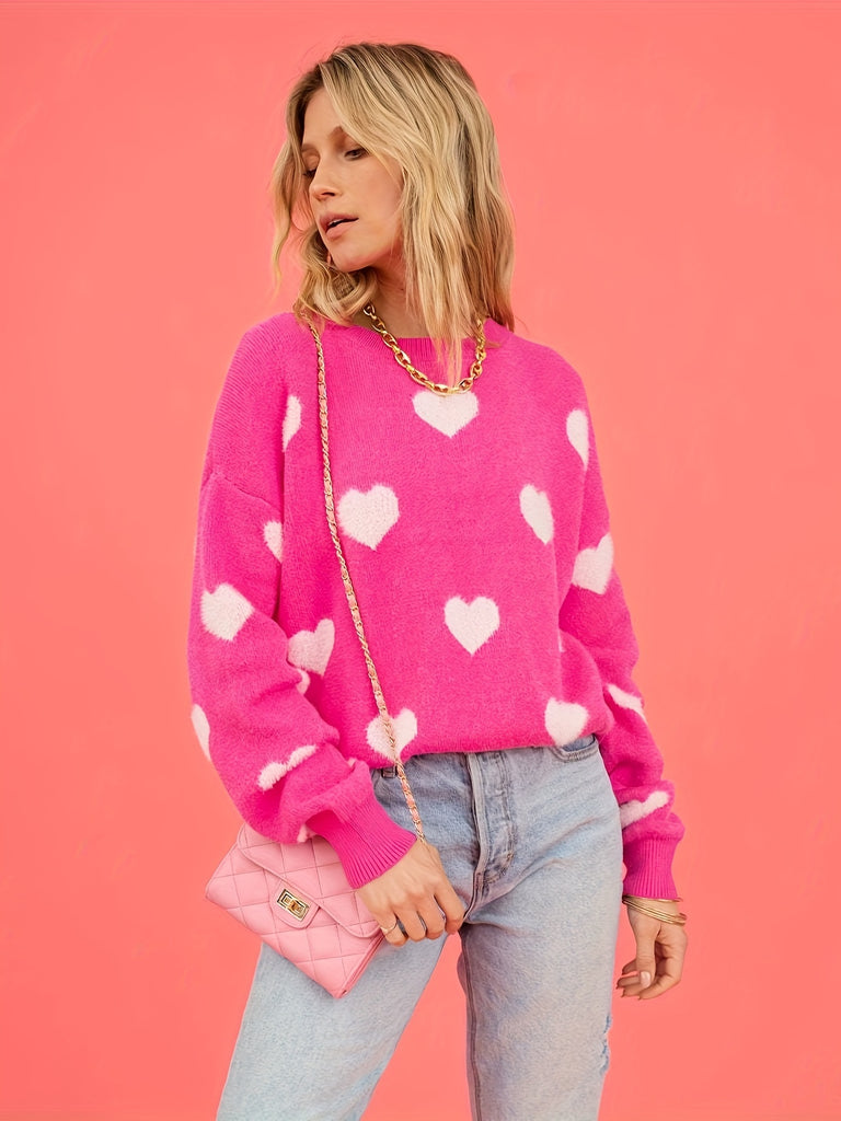 Valentine's Day Heart Pattern Sweater, Sweet Crew Neck Long Sleeve Pullover Knitted Top, Women's Clothing