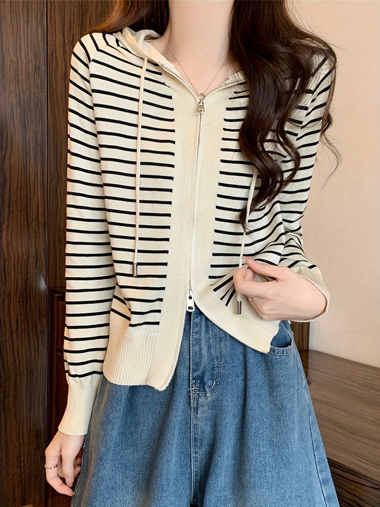 Women's Striped Hooded Knit Sweater Cardigan, Viscose, Korean Style, Zippered, Long Sleeve, Winter Casual Loose Fit Top