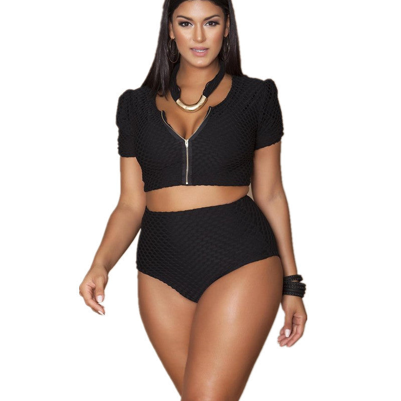 Solid color zipper high waist swimsuit