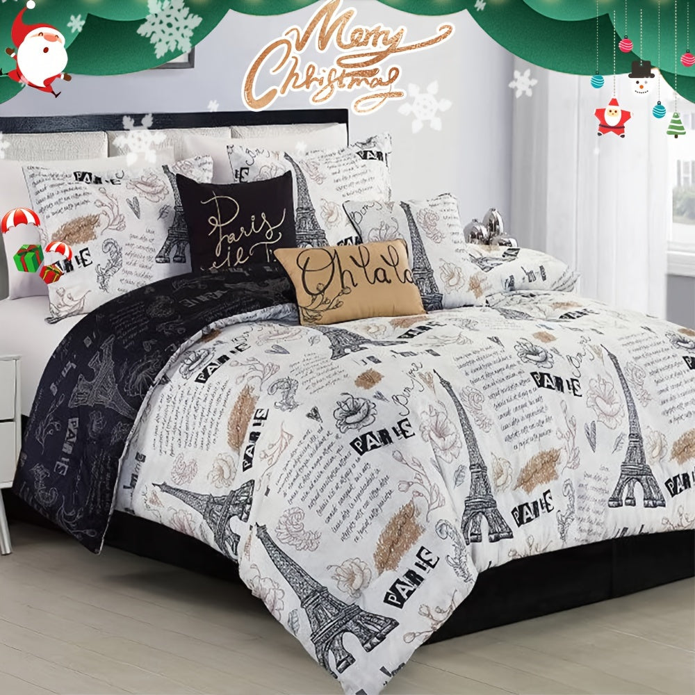 7pcs Christmas Halloween Decoration Comforter Set Stylish And Beautifully Printed 1 Comforter+2 Pillow Shams+1 Decorative Pillow+1 Breakfast Pillow +1 Cushion+1 Bed Skirt Easy To Care For Machine Washable Suitable For Bedrooms Rooms Hotels