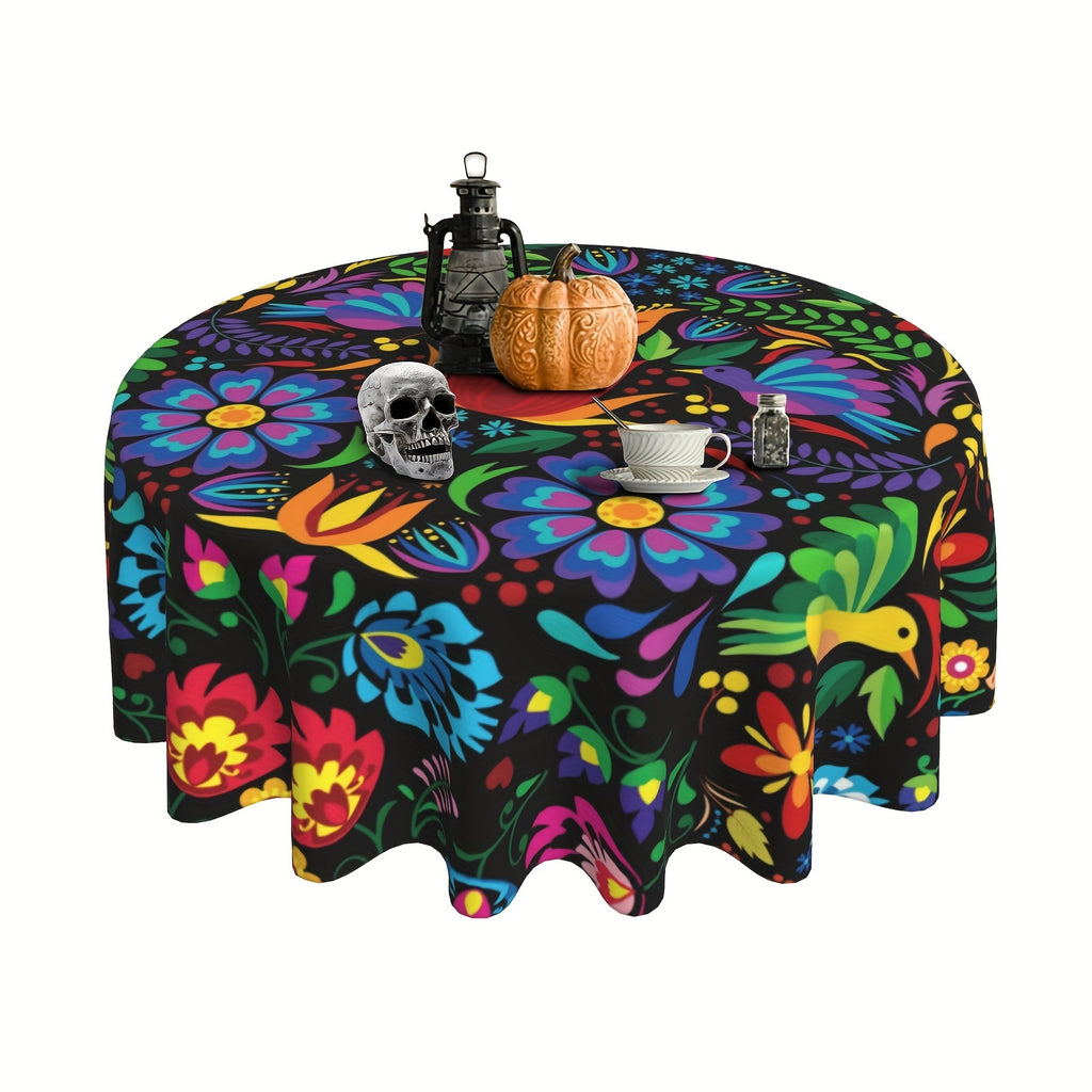 1pc Mexican Floral Tablecloth, Round, Machine-Woven Polyester, Waterproof & Spill-Resistant, Perfect for Fiesta & Cinco De Mayo, Home & Kitchen Dining Decor, Ideal Gift for Party Enthusiasts