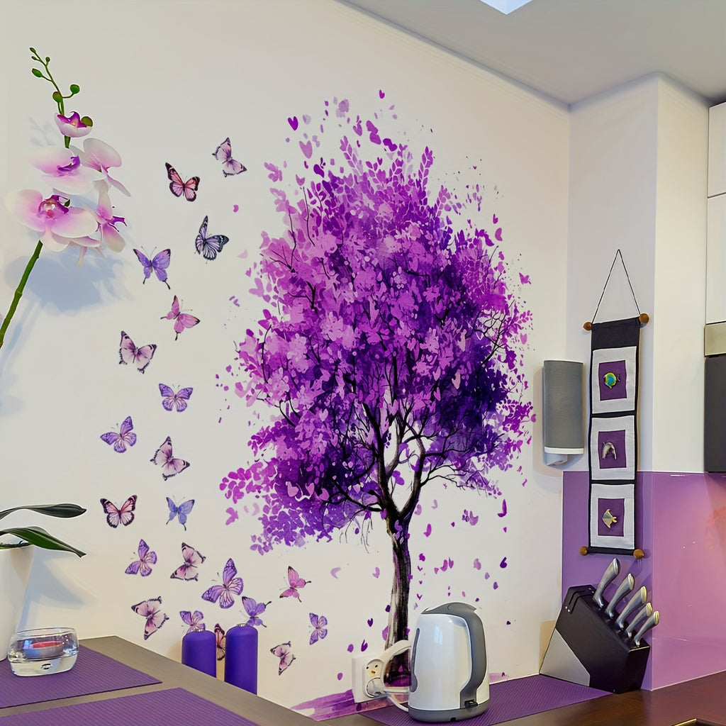 Contemporary Purple Tree and Butterfly Wall Decals, 2-Piece Set, Self-Adhesive PVC Wall Stickers for Living Room, Bedroom, Bathroom, Plastic Surface, Single Use, No Electricity Needed - MS7196-YC