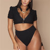 Solid color zipper high waist swimsuit