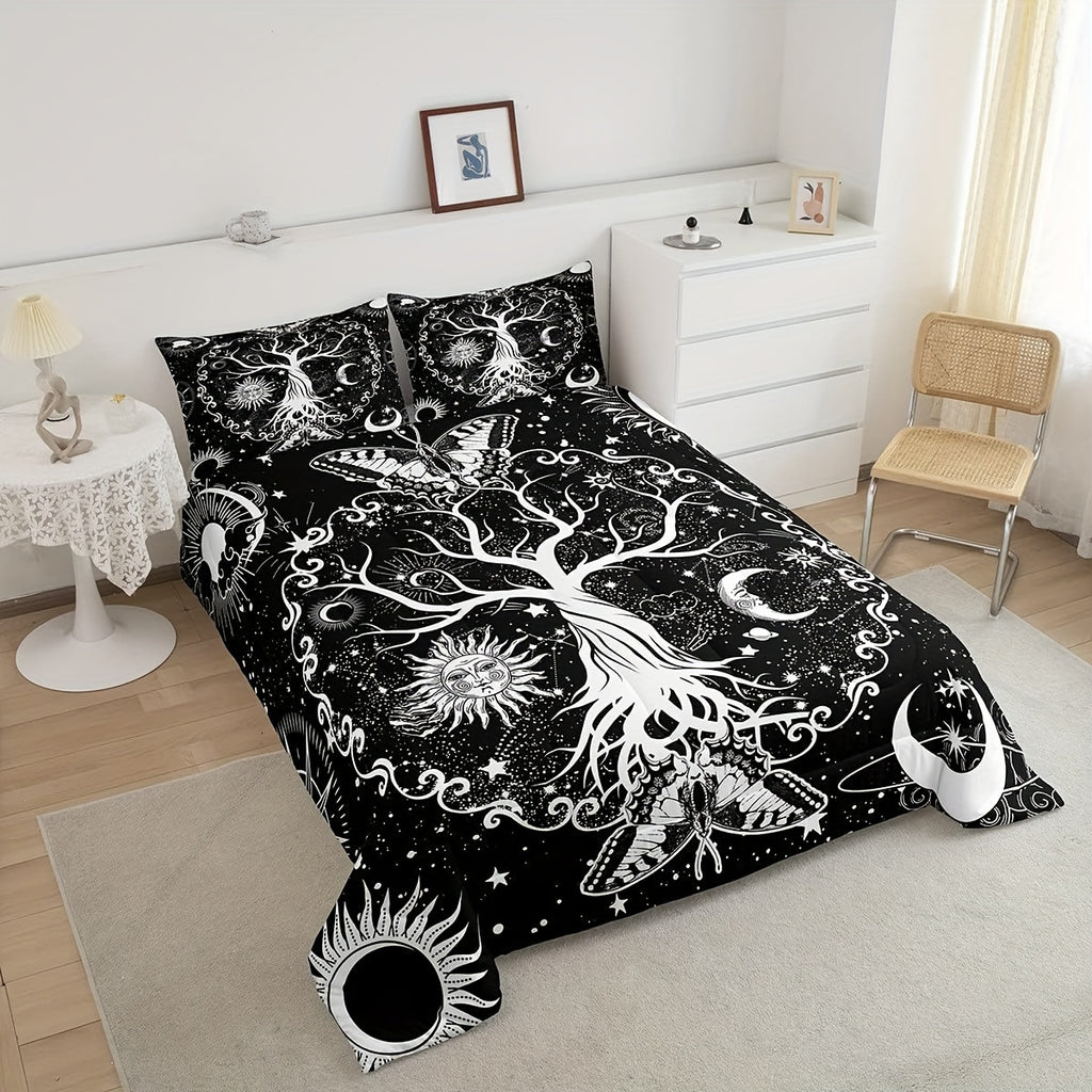 Tree Of Life Comforter Set Psychedelic Mystic Stars Galaxy Bedding, Gothic Moth Butterfly Black White Boho Style Duvet Insert 3D Printed Constellations Home Dorm Decoration Twin 2Pc - 1 Comforter 1 Pillowcase