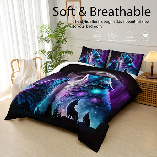 Wolf Comforter Set Wildlife Bedding Star System Comforter 3-Piece Set (1 Bed Comforter + 2 Pillow Cases), Comforter For All Seasons, Soft, Comfortable, Breathable Printed Bedding For Home Dorm Decoration