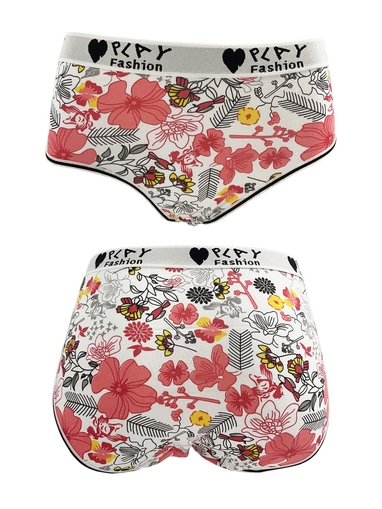 3 Pcs Comfy Floral Print Briefs, Stretchy Cotton Intimates Panties with Letter & Heart Decor, Breathable Women's Lingerie & Underwear