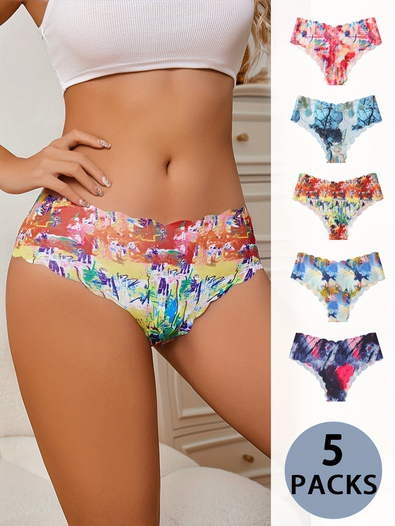 5pcs Oil Painting Seamless Briefs, Comfy & Breathable Ice Silk Intimate Panties, Women's Lingerie & Underwear