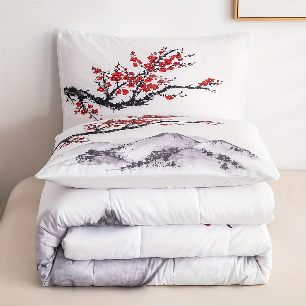 Japanese-Style Comforter Set Red Cherry Blossoms Printed Comforter, Mount Fuji Pattern Quilted Duvet Ink Painting Black White Stylish Duvet Insert, Asian Oriental Bedding Set Twin/ Full/ Queen/ King