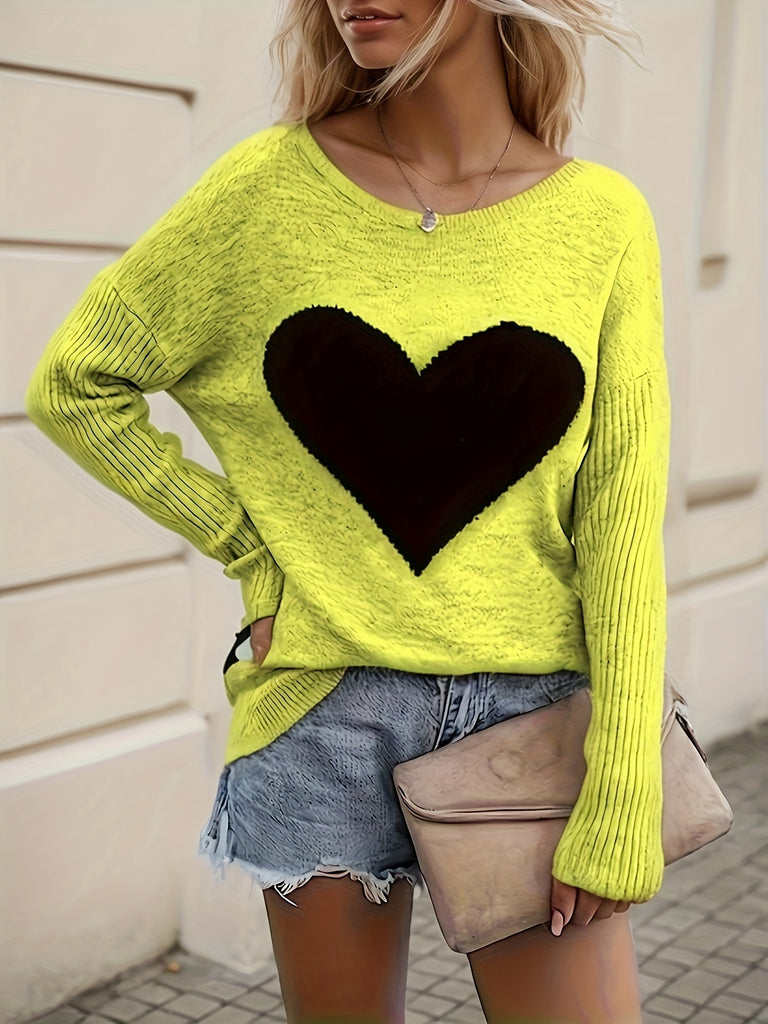 Elegant Heart Pattern Long Sleeve Sweater - Crew Neck, Stretchy Polyester Pullover for Women