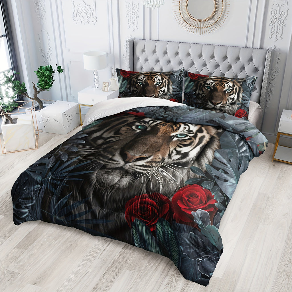 Red Comforter Set, Tiger Comforter Set Queen, Red Rose Flowers Plants Quilt Set Room Decor, 3D Print Wild Animals Plants Bedding Romantic Ultra Soft Comforter Set Insert 3pcs, 2 Pillowcases