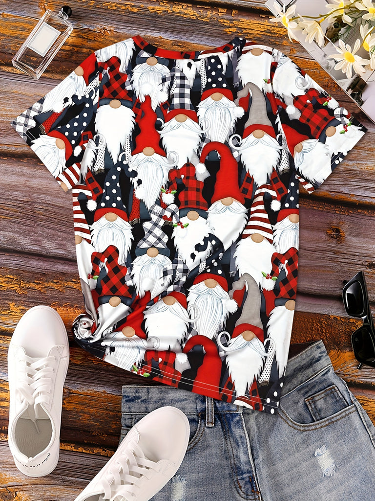 Women's Festive Christmas Santa & Plaid Print T-Shirt - Breathable, Casual Crew Neck Short Sleeve Top for Holiday Gifting