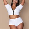 Solid color zipper high waist swimsuit
