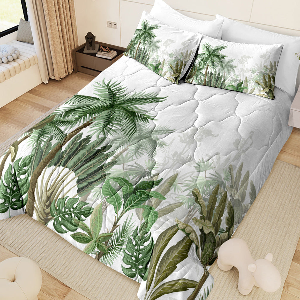 3pcs Tropical Botanical Comforter Set, Quilted Polyester Bedding with 2 Pillowcases, All-Season Breathable & Lightweight, Machine Washable, Digital Print, Stain Resistant
