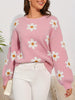 Floral Pattern Crew Neck Pullover Sweater, Casual Drop Shoulder Long Sleeve Knitted Sweater For Fall & Winter, Women's Clothing